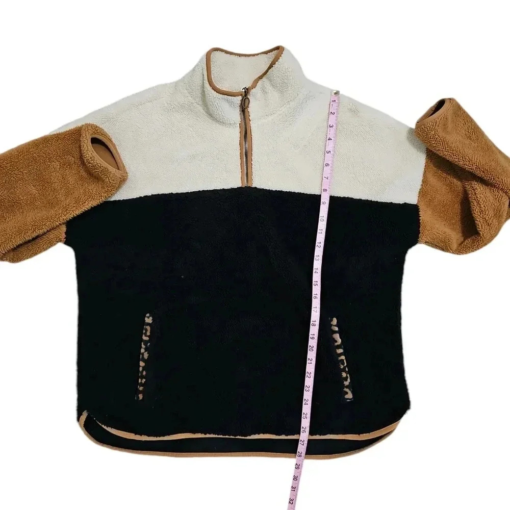 Time And Tru Colorblock Sherpa Fleece Pullover Quarter Zip Leopard Trim XL Cozy - Picture 7 of 7
